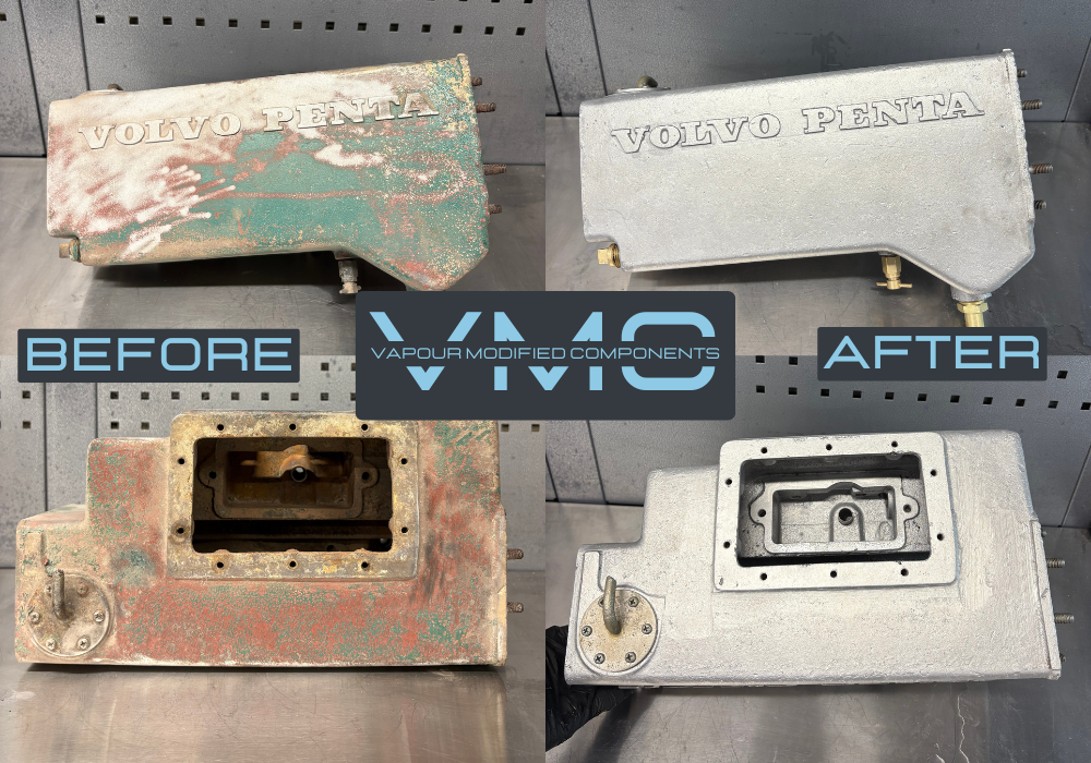 1970s Volvo Penta marine heat exchanger before and after