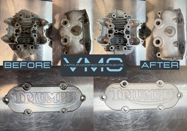 Before and after Triumph parts vapour blasting