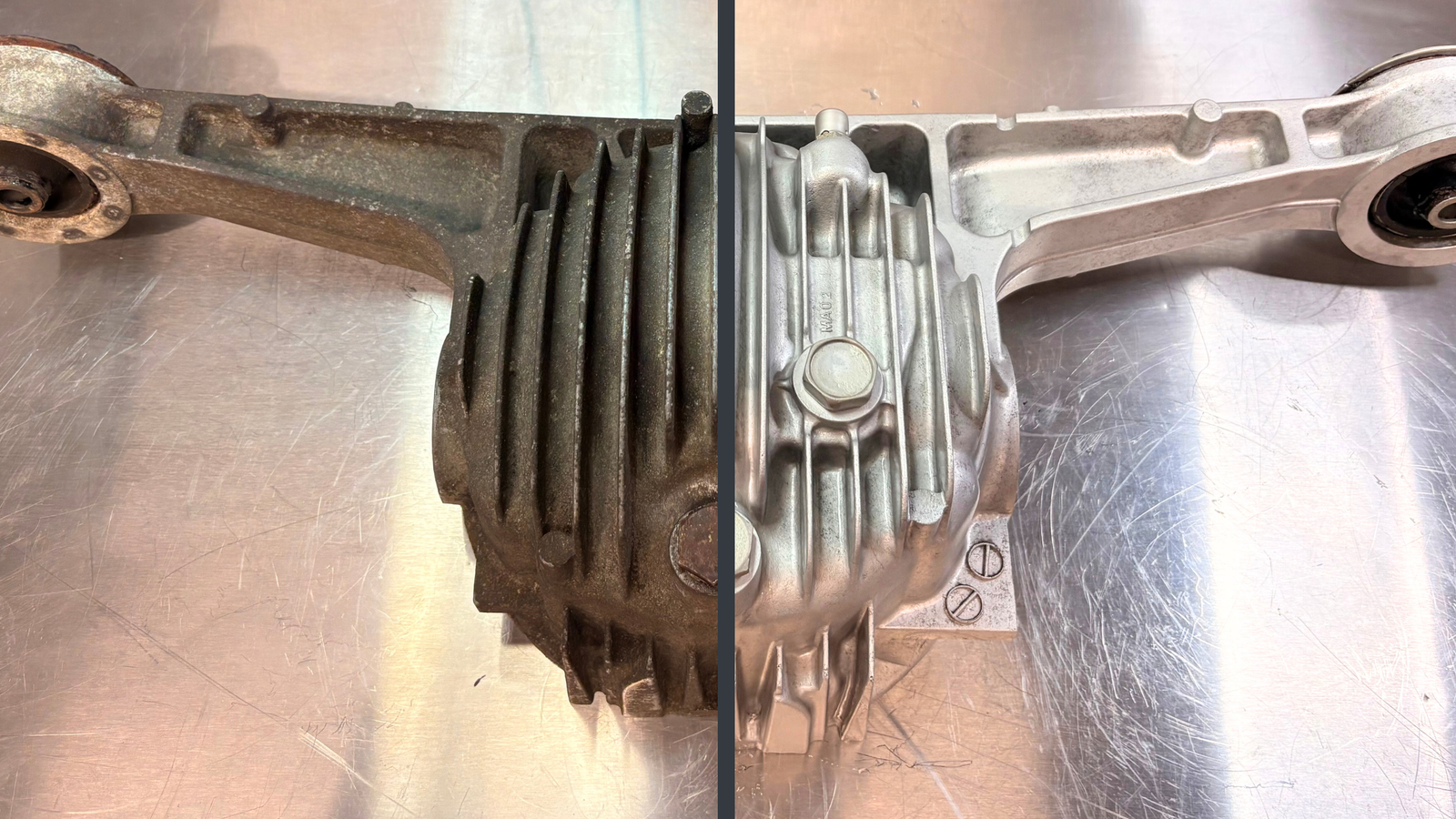 Before and after vapour blasted metal component